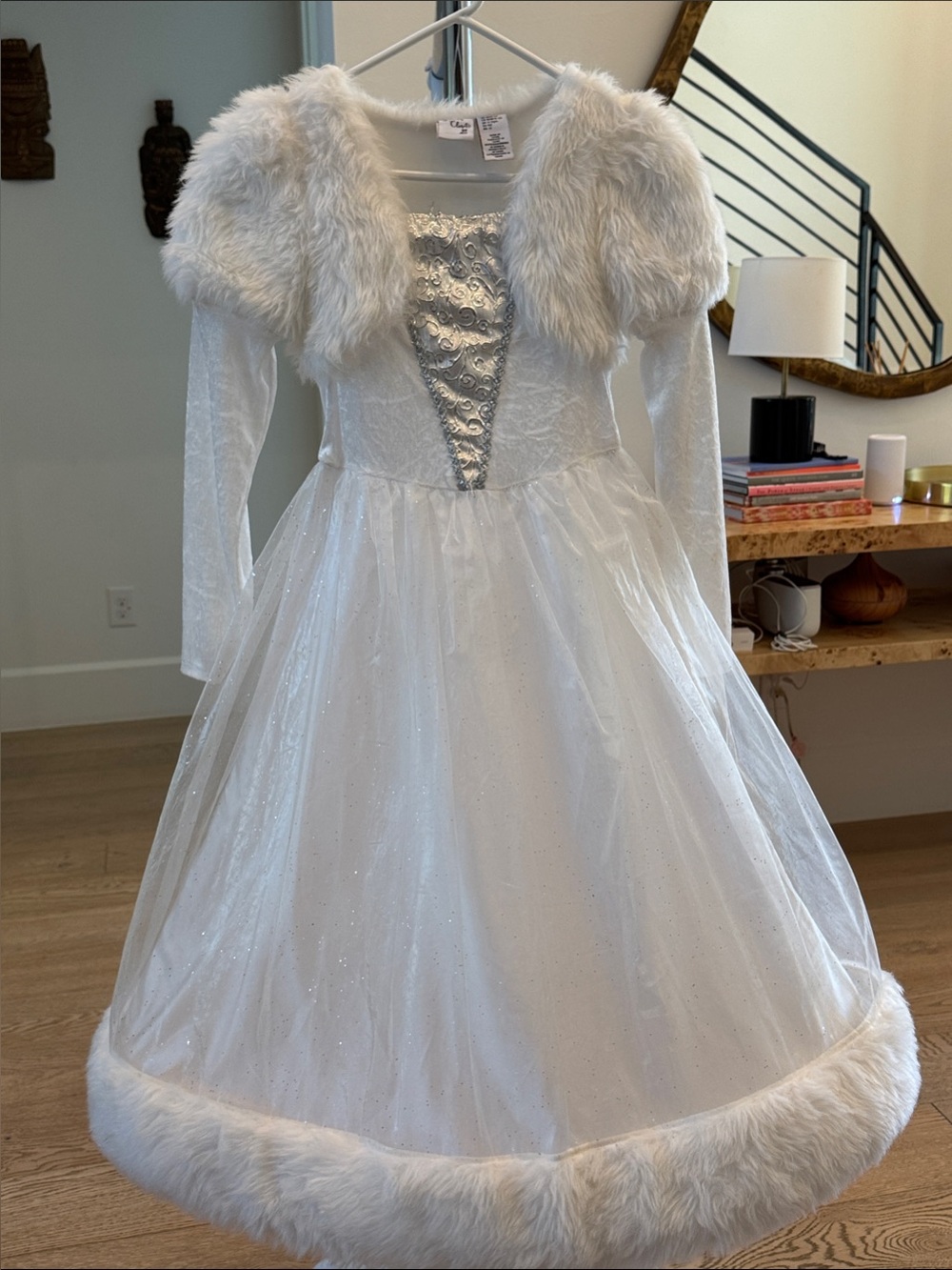 White Sparkle Princess Costume Dress with Faux Fur Accents
